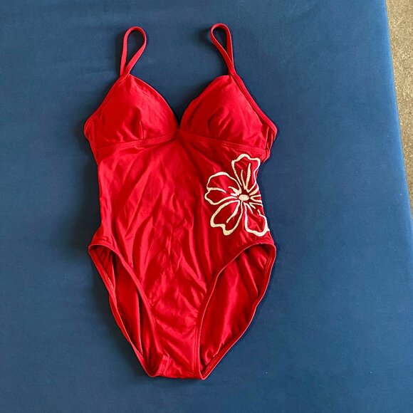 Red Embroidered Hibiscus Swimsuit - Picture 1 of 5